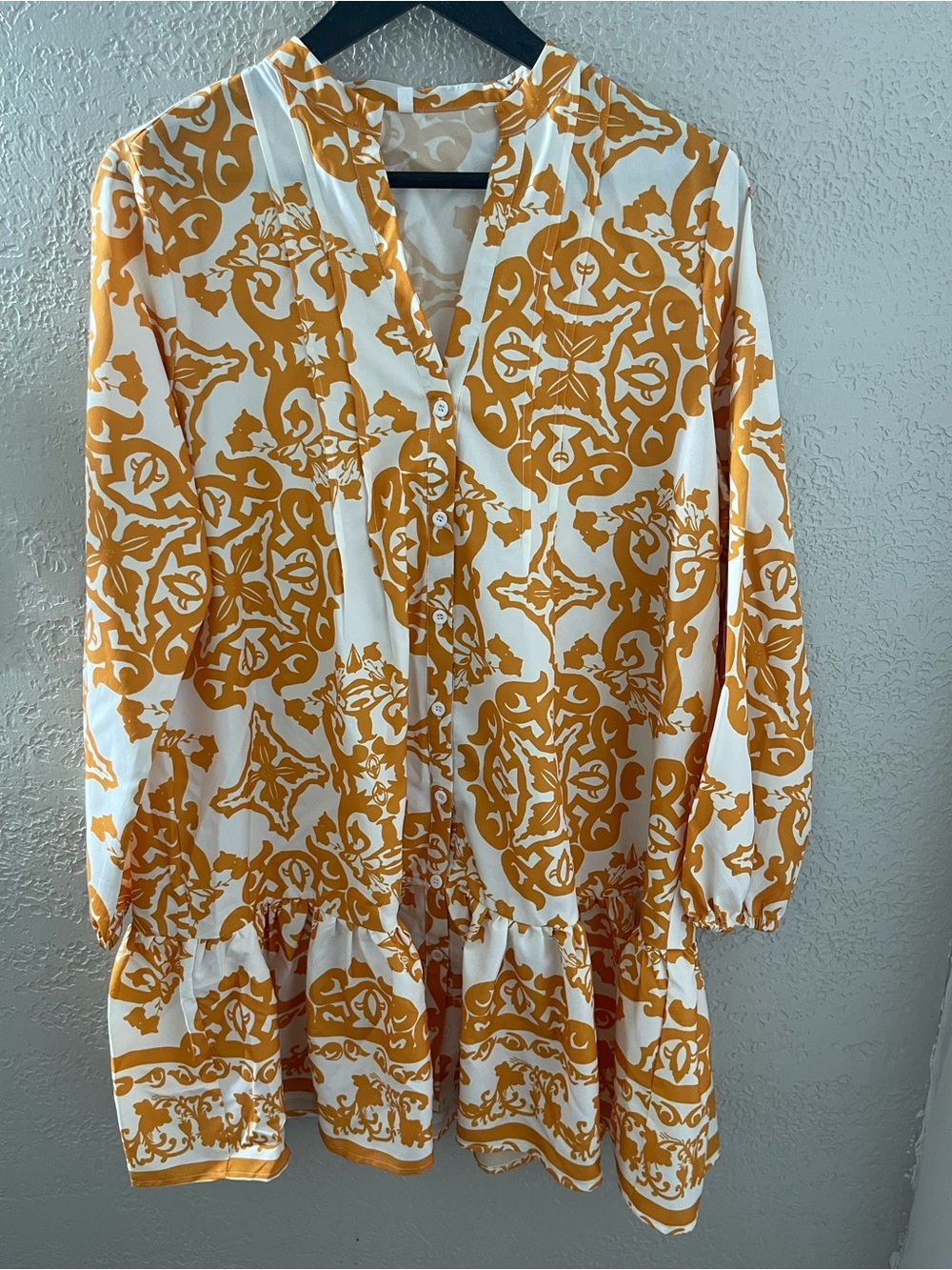 SHEIN Women's White & Mustard Printed Button Front Tunic Dress Medium
